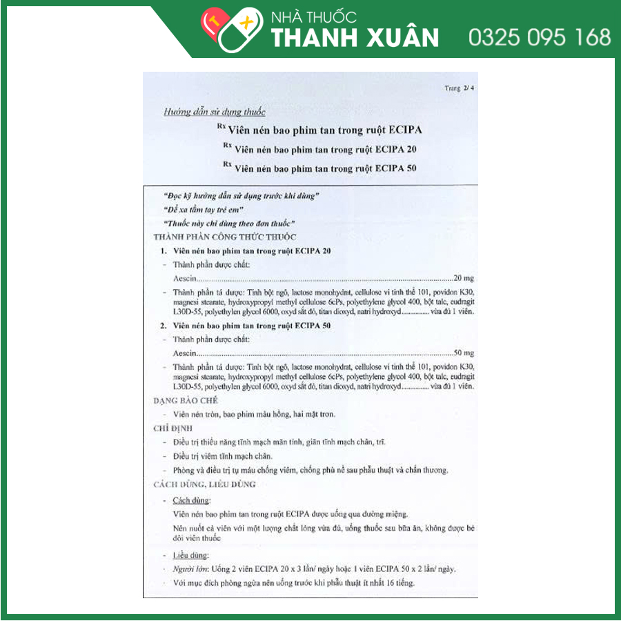 Ecipa 50 điều trị giãn tĩnh mạch, phòng và điều trị tụ máu chống viêm, chống phù nề sau phẫu thuật và chấn thương